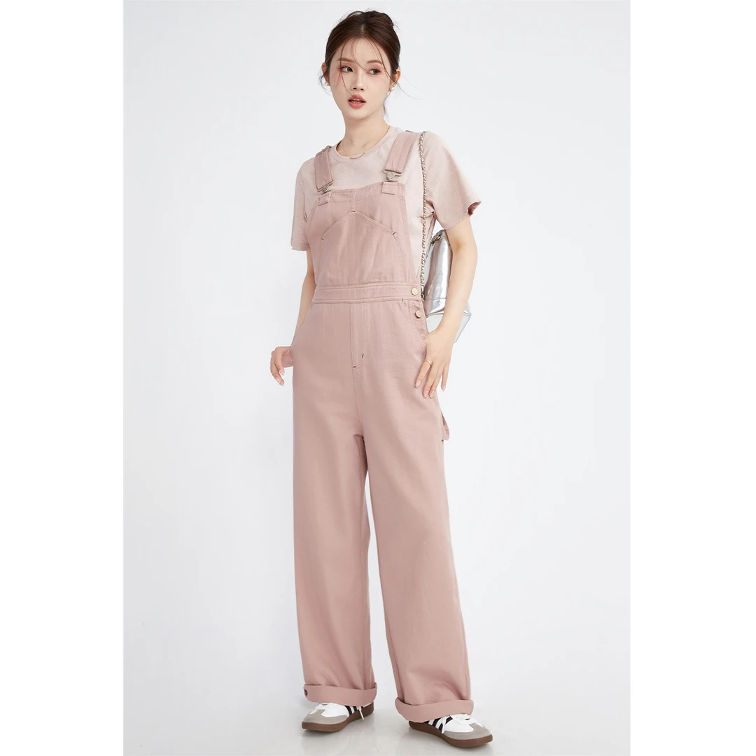 GUIER/桂儿粉色牛仔背带裤2025女小众减龄显瘦长裤25219