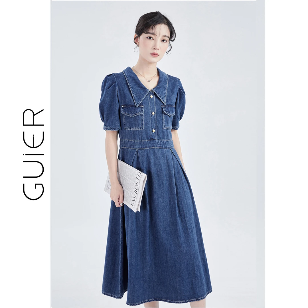 牛仔连衣裙女夏季2023新款法式复古泡泡袖气质收腰裙子a字22774