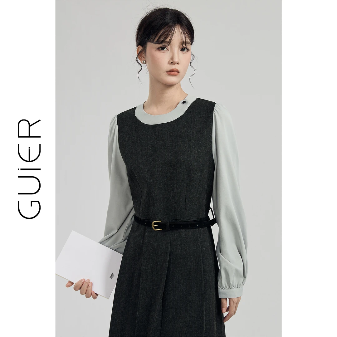 「GUIER」拼接假两件连衣裙2024新款法式高级收腰百褶长裙XH4594