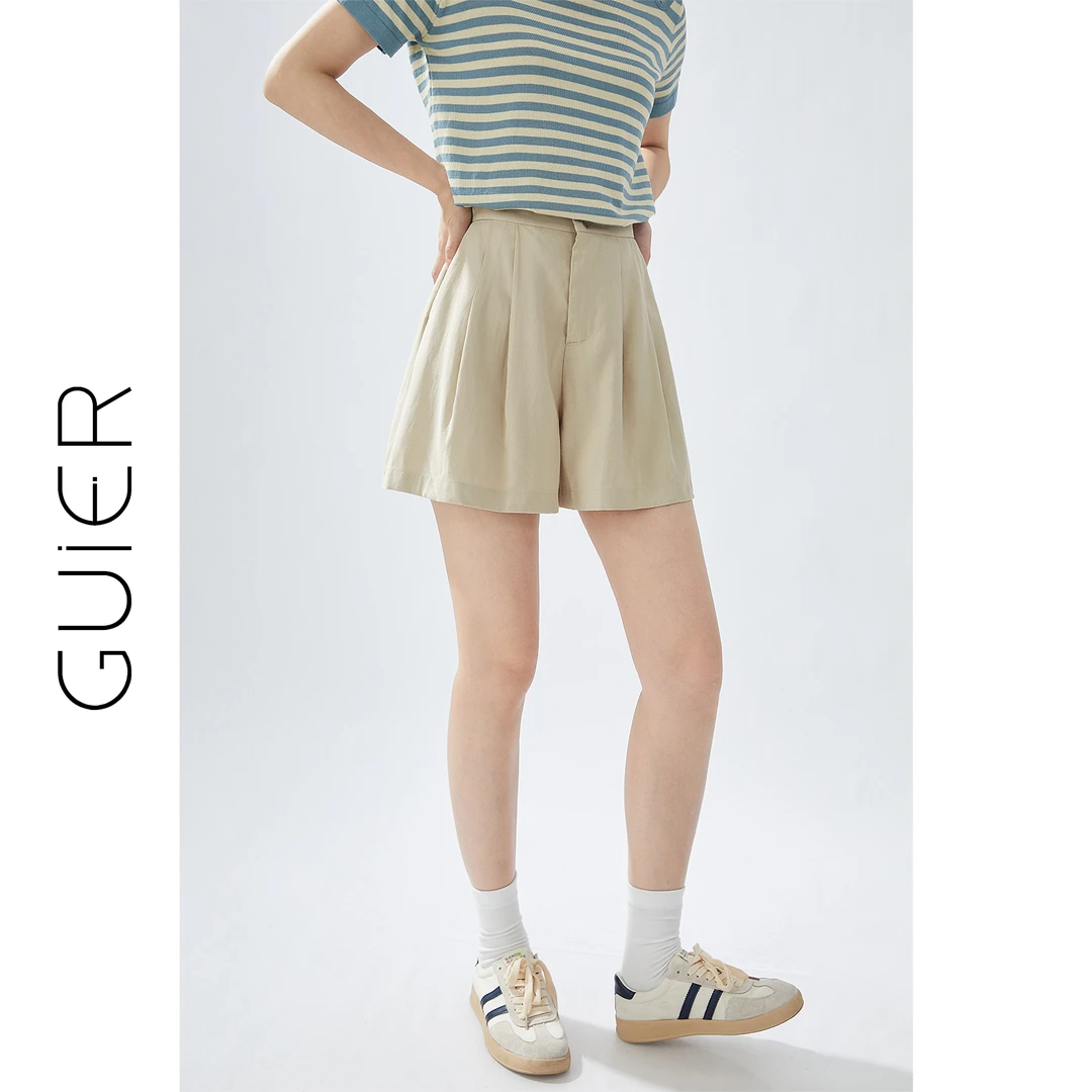 卡其色高腰休闲裤女夏2024新款百搭宽松阔腿a字西装短裤G2486