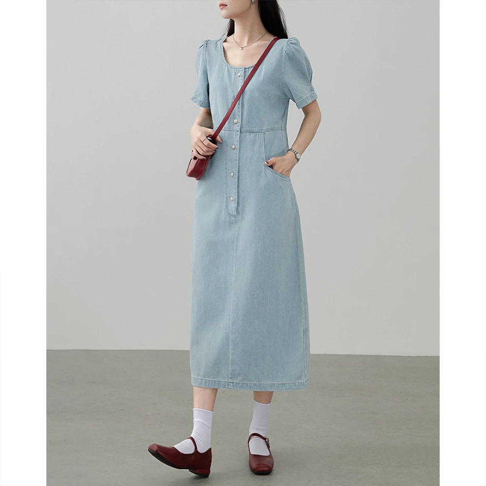 泡泡袖牛仔连衣裙女2024年夏季新款收腰显瘦中长款A字裙21135