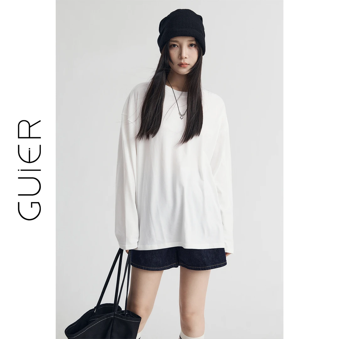 「GUIER」圆领白色长袖T恤女2024新款秋简约百搭显瘦宽松休闲上衣