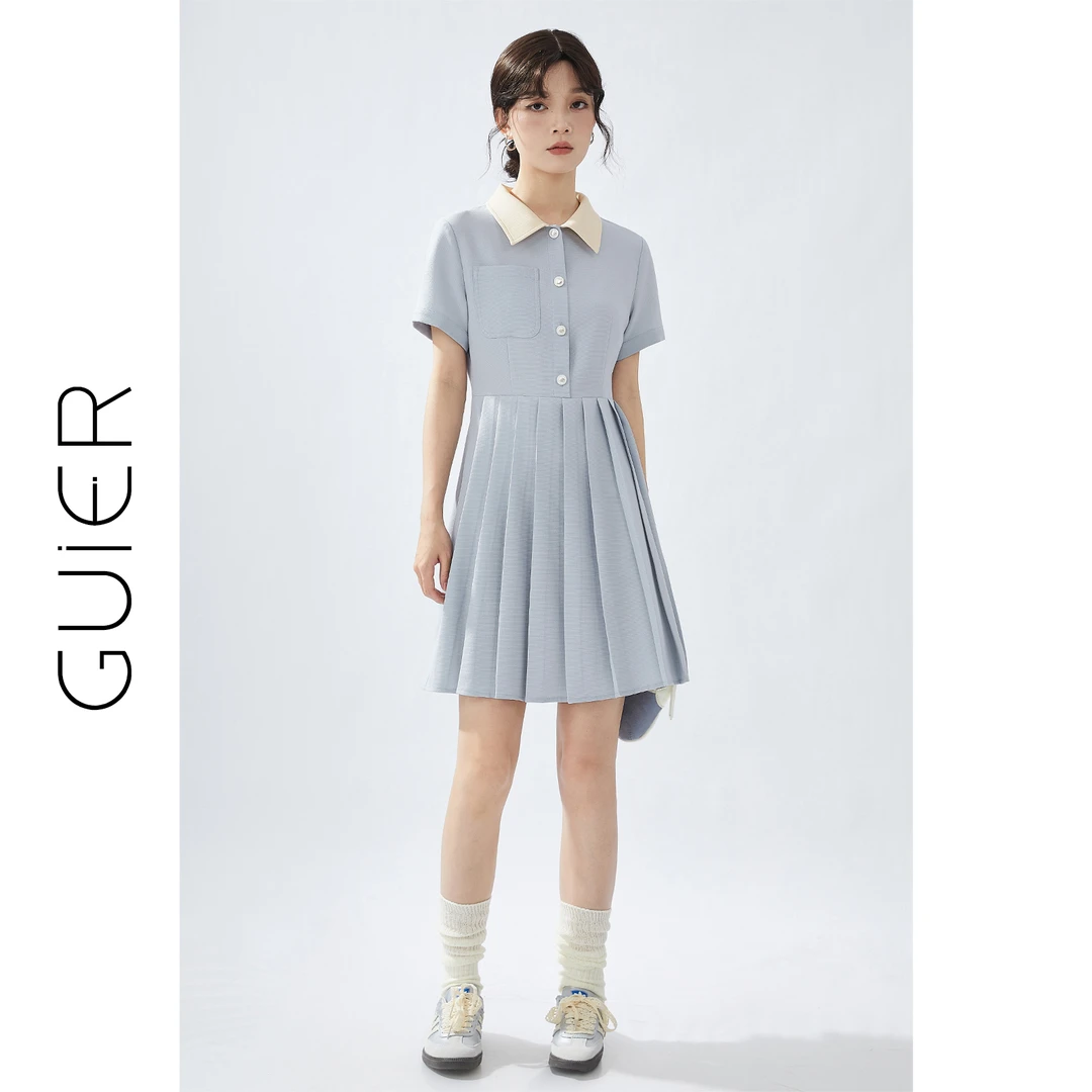 桂儿「菠萝纹」清爽冰蓝翻领百褶连衣裙女学院风收腰气质裙子DS0098