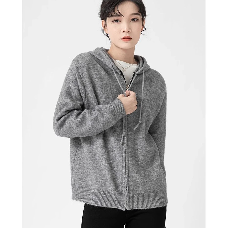 「GUIER」灰色连帽毛衣开衫2025新款高级感针织短上衣外套8524-Q
