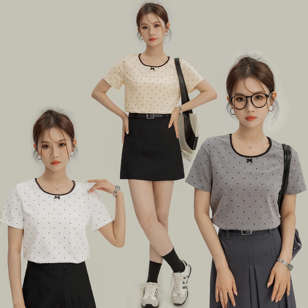 波点正肩T恤女2024夏季新款设计感减龄显瘦百搭短袖上衣25539