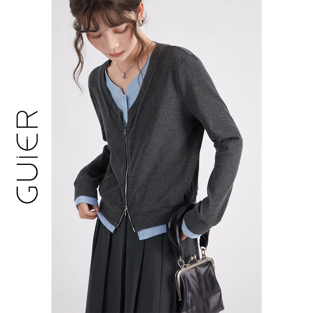 「GUIER」双拉链假两件针织衫2024设计感拼接别致V领开衫NT0015