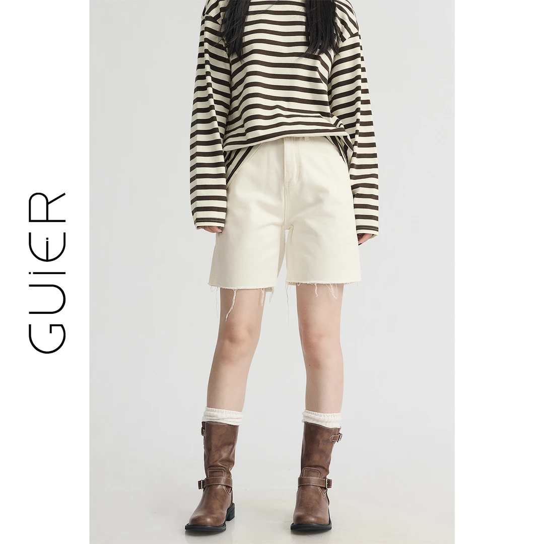 「GUIER」毛边牛仔短裤女2024新款秋季设计感高腰显瘦宽松直筒裤