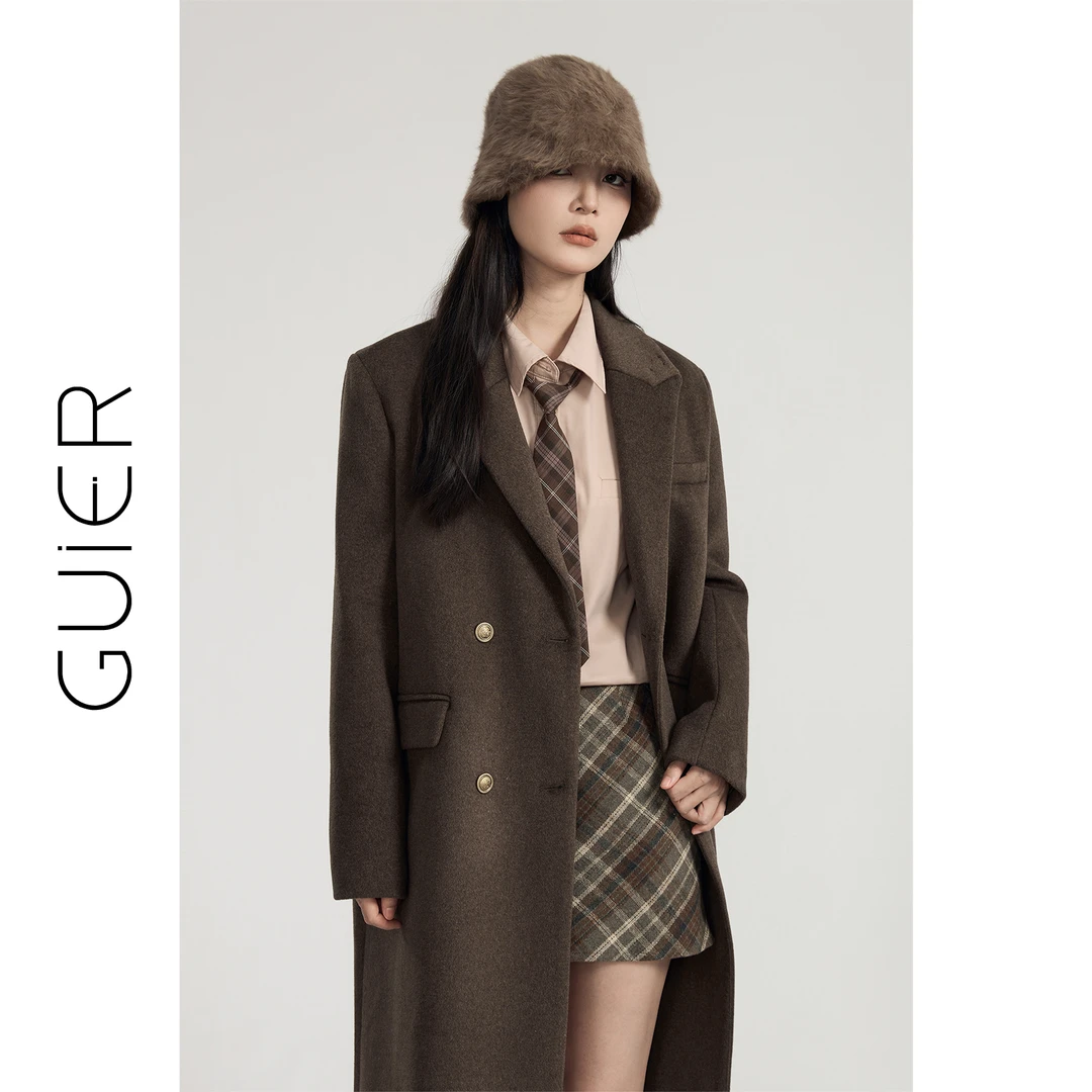 「GUIER」中长款毛呢外套2024新款复古美拉德宽松呢子大衣XH4560