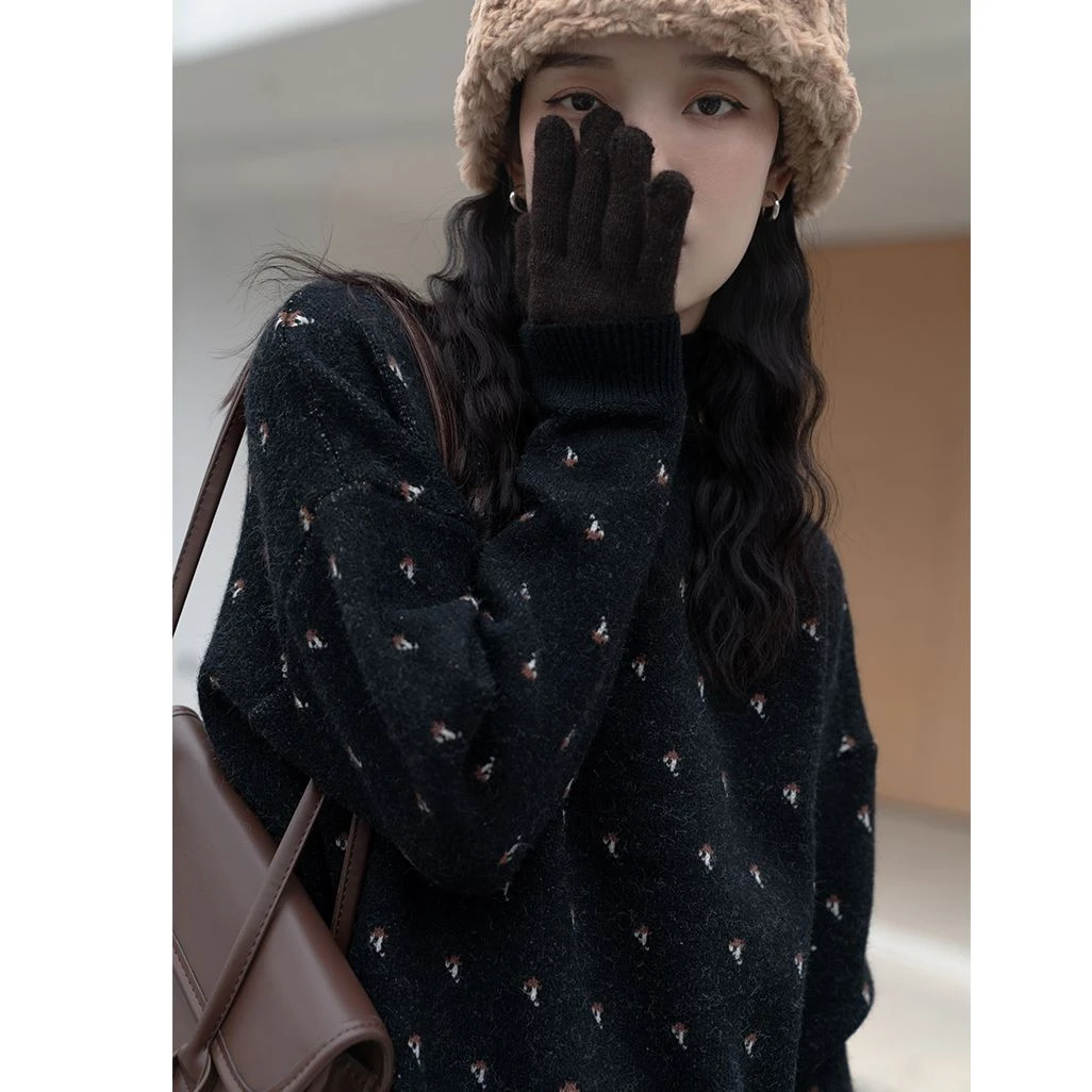 「GUIER」提花半高领毛衣女新款秋冬设计感小众慵懒风上衣1184