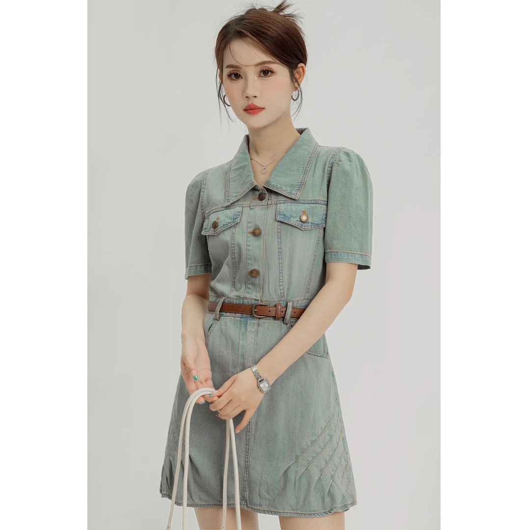 牛仔连衣裙女2024夏季新款翻领设计感复古收腰显瘦短裙 25645