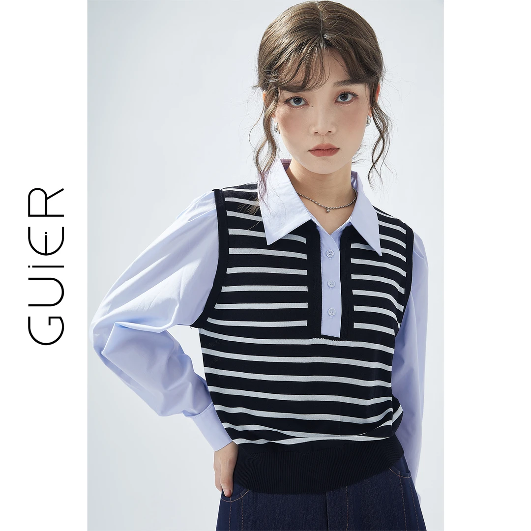 「GUIER」假两件撞色条纹衬衫2024新款设计感拼接小个子衬衣G2319