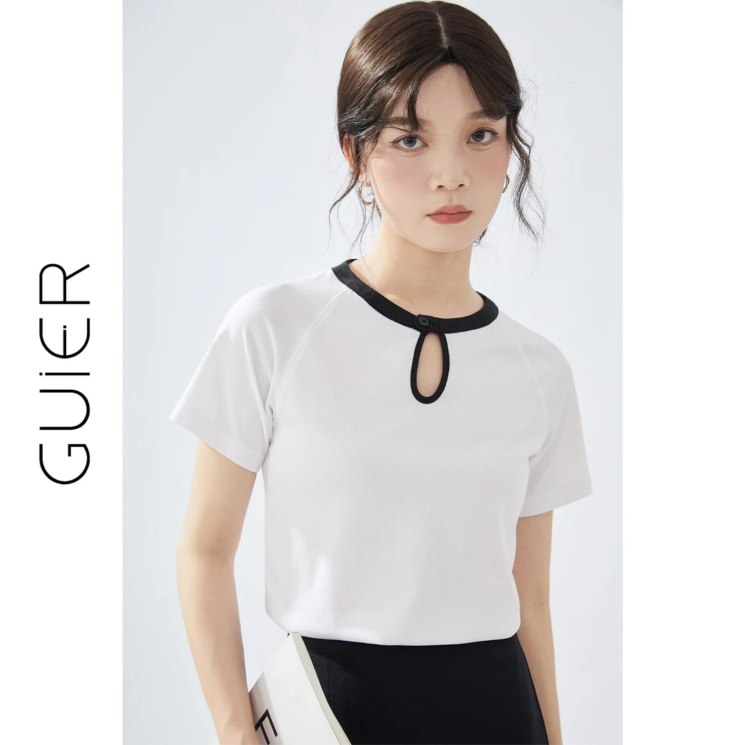 圆领镂空短袖T恤女2024新款夏季撞色修身显瘦设计感上衣 CS0041