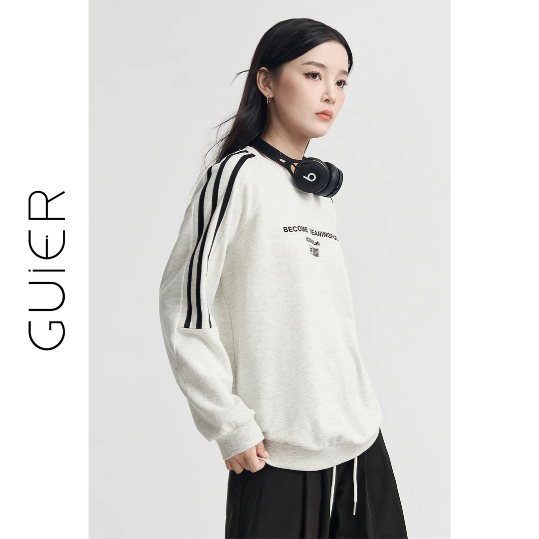 「GUIER」圆领宽松卫衣女字母拼接落肩休闲运动上衣XL0018