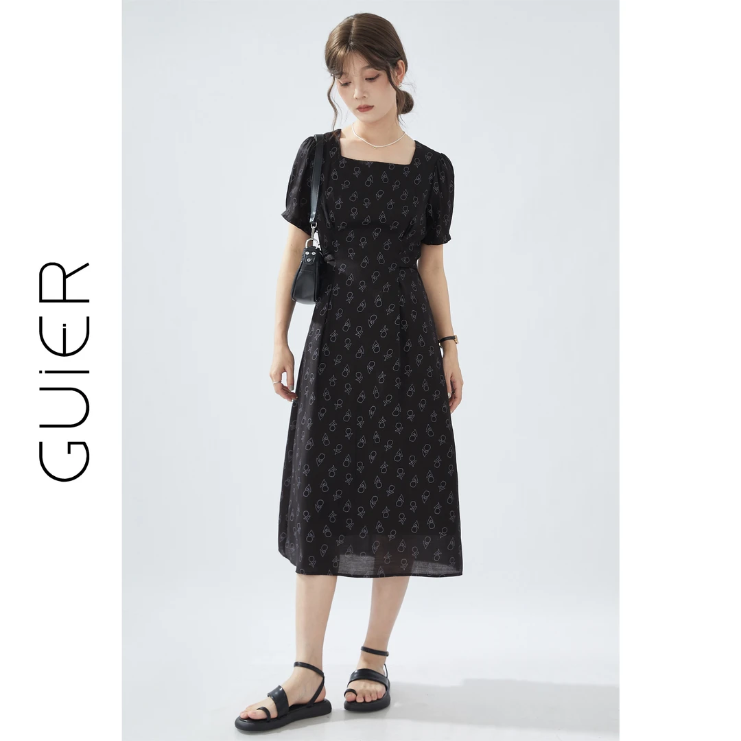 GUIER/桂儿印花小玫瑰方领显瘦连衣裙女设计感裙子LJ0092