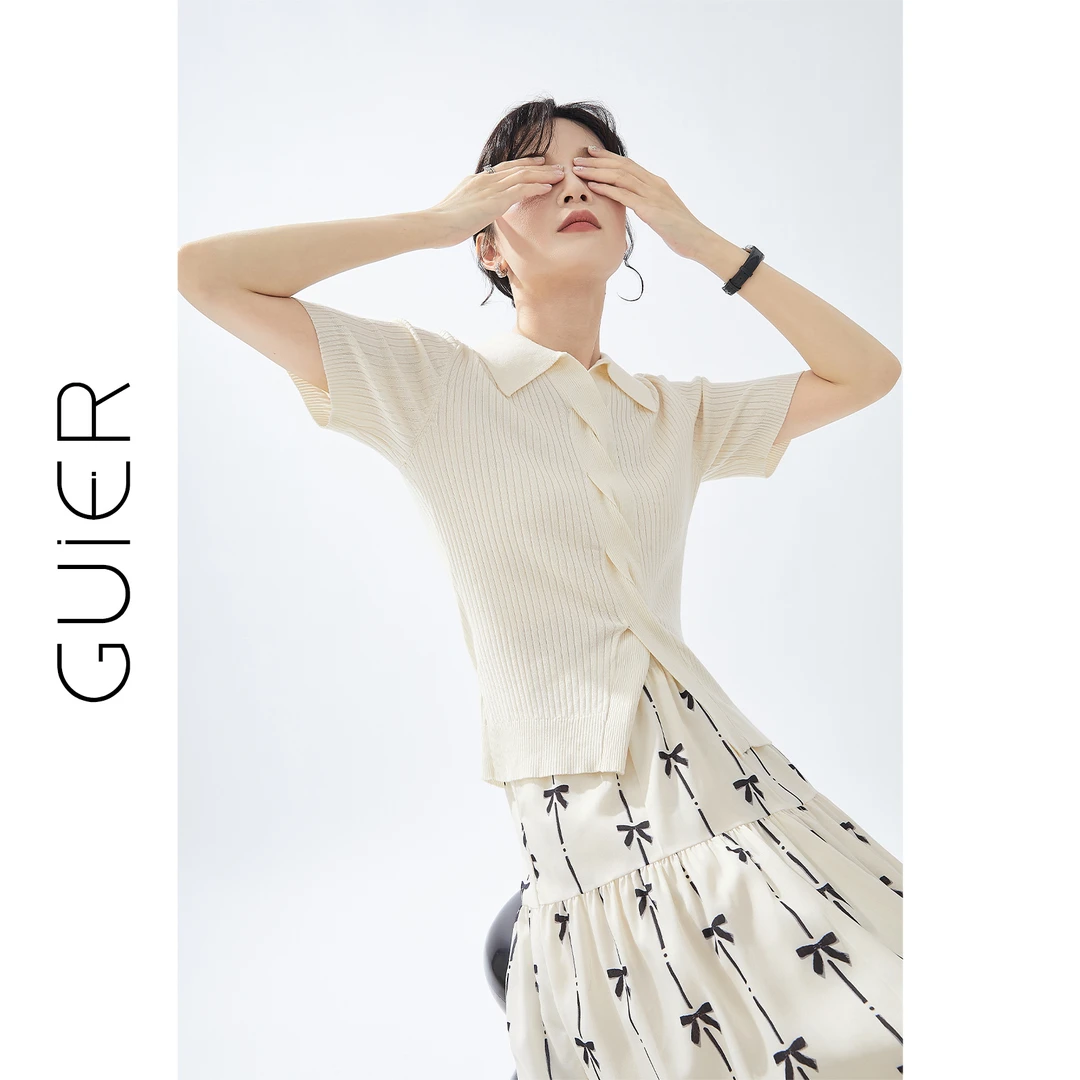 「GUIER」修身短袖针织衫女2025新款夏季小众polo显瘦上衣G1532