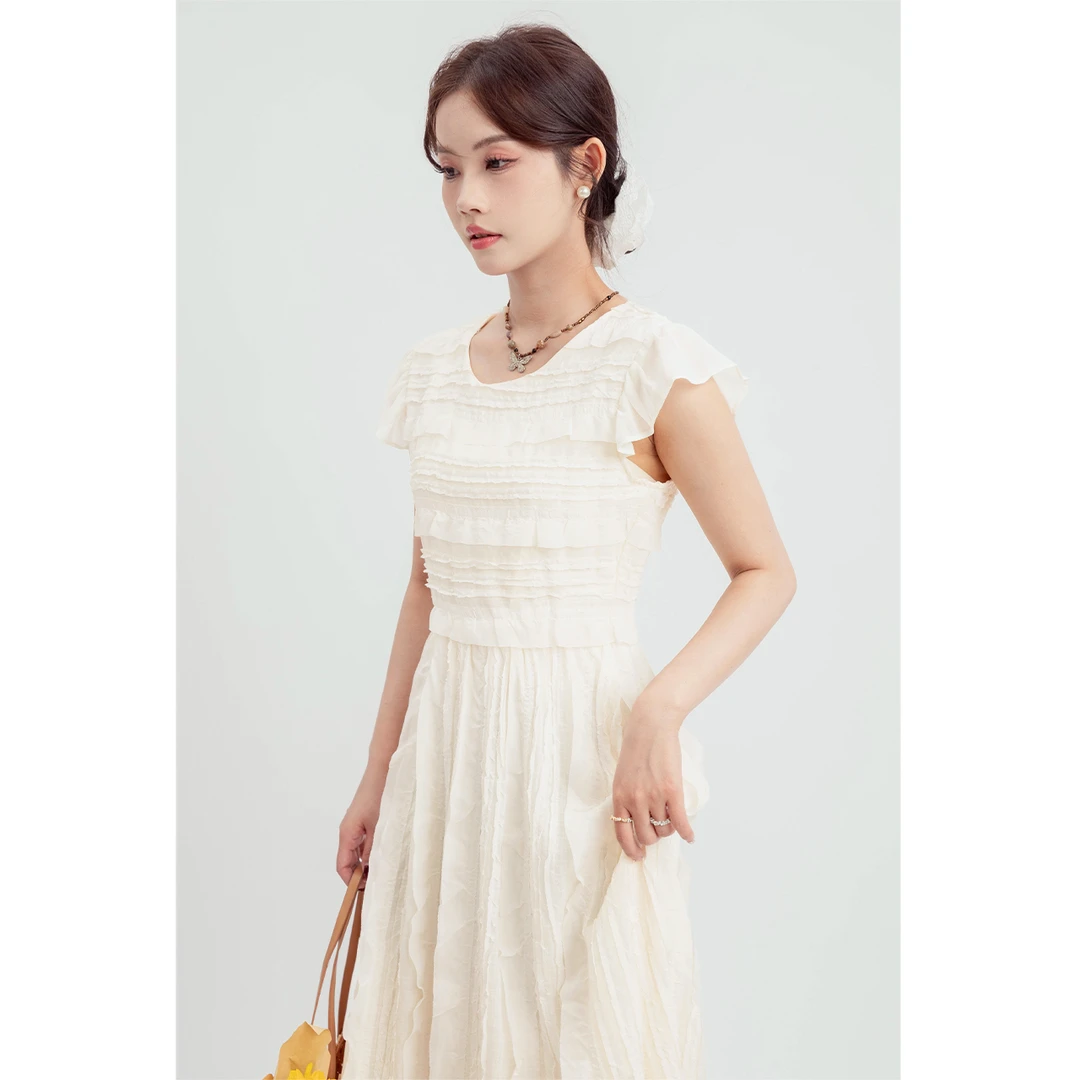 GUIER/桂儿杏色小飞袖连衣裙女气质显瘦a字长裙25094