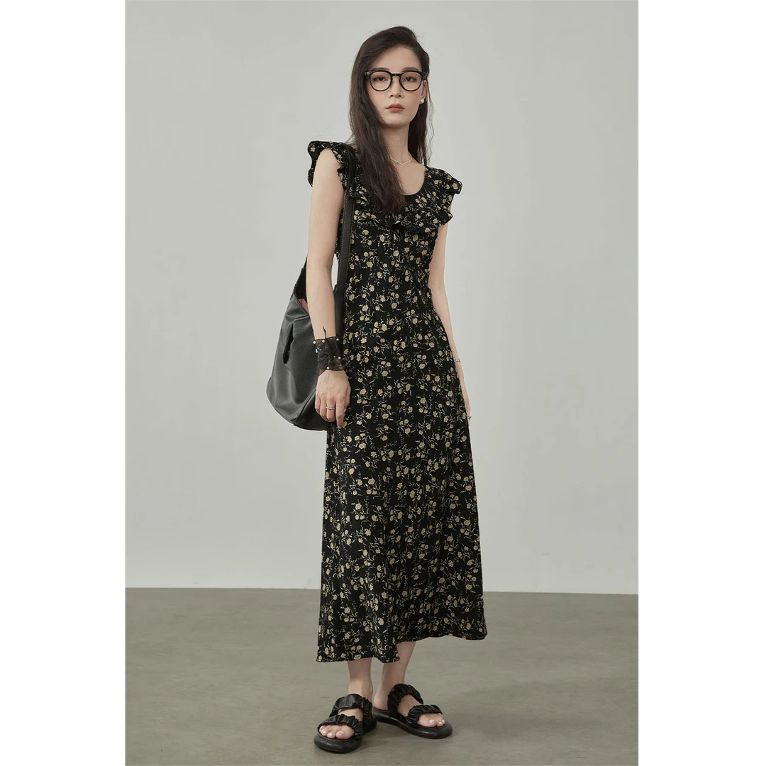 《桂儿》23417复古碎花系带连衣裙女夏季百搭显瘦设计感小众长裙