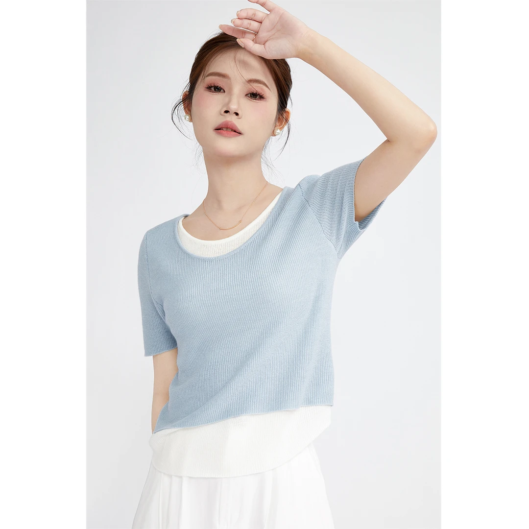 GUIER/桂儿 假两件短袖针织衫女小众显瘦上衣25202