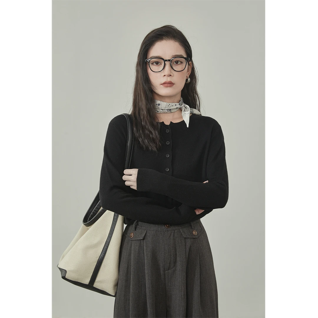 「美拉德穿搭」圆领气质针织衫女秋季棕色复古长袖上衣23776