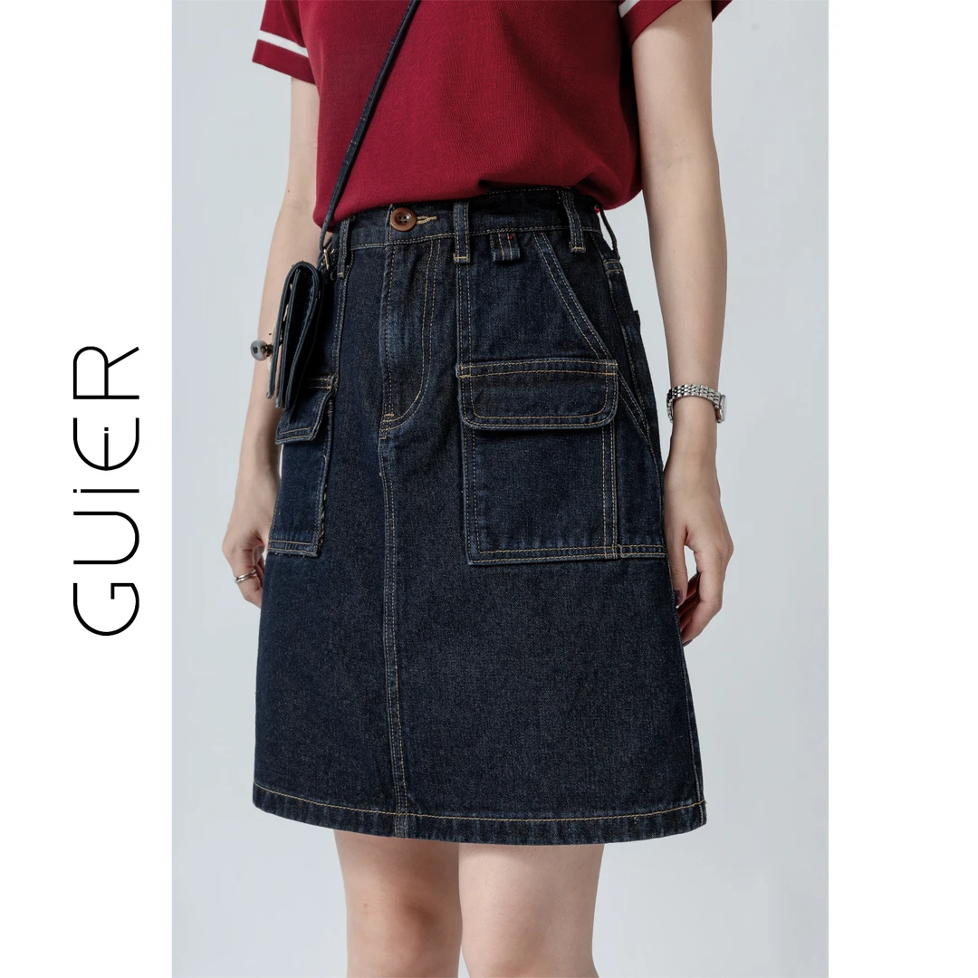 「GUIER」无弹10*7牛仔通勤气质范牛仔半身裙子女显瘦短裙22633