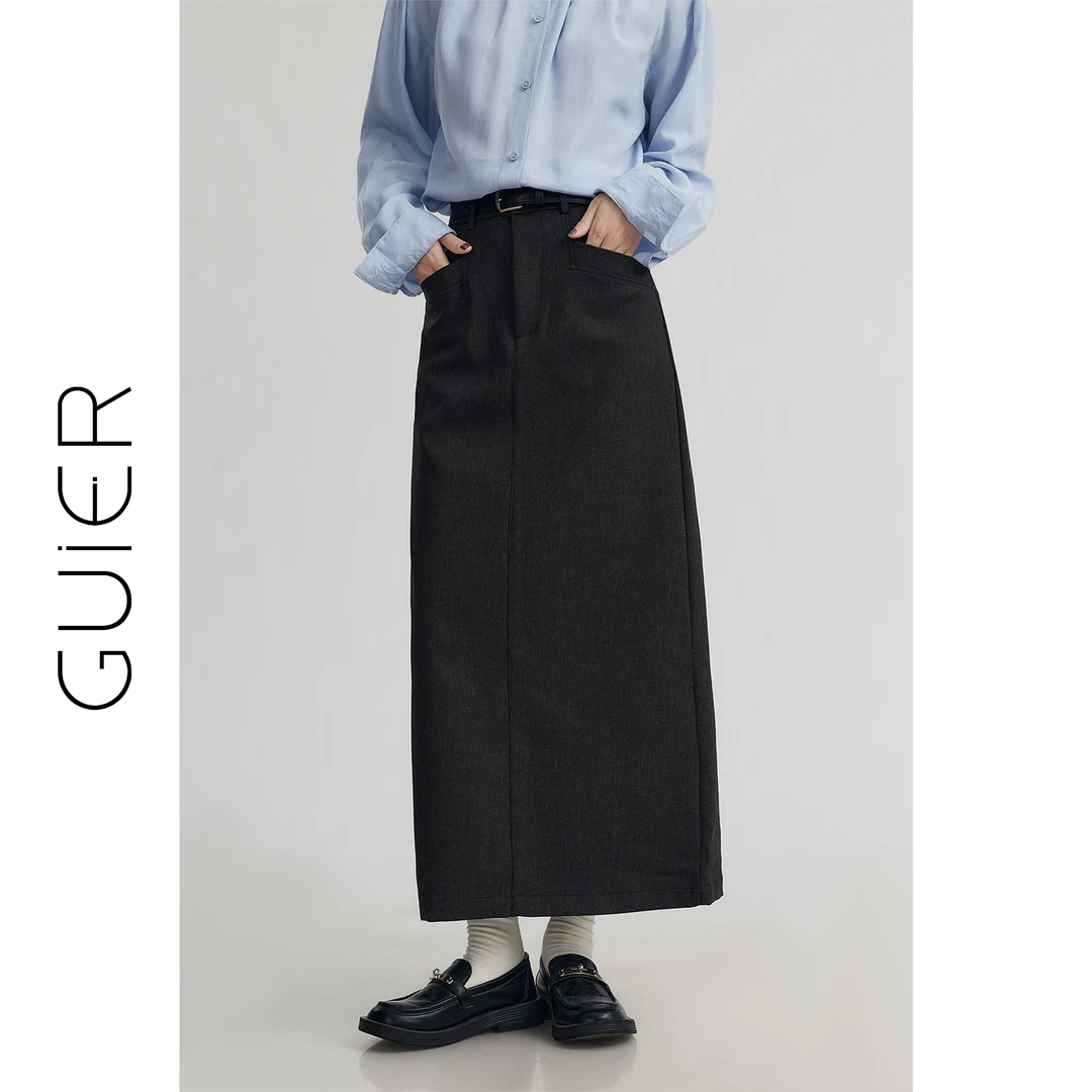 「GUIER」黑色半身裙长款女2025新款高腰开叉显瘦西装裙G4229