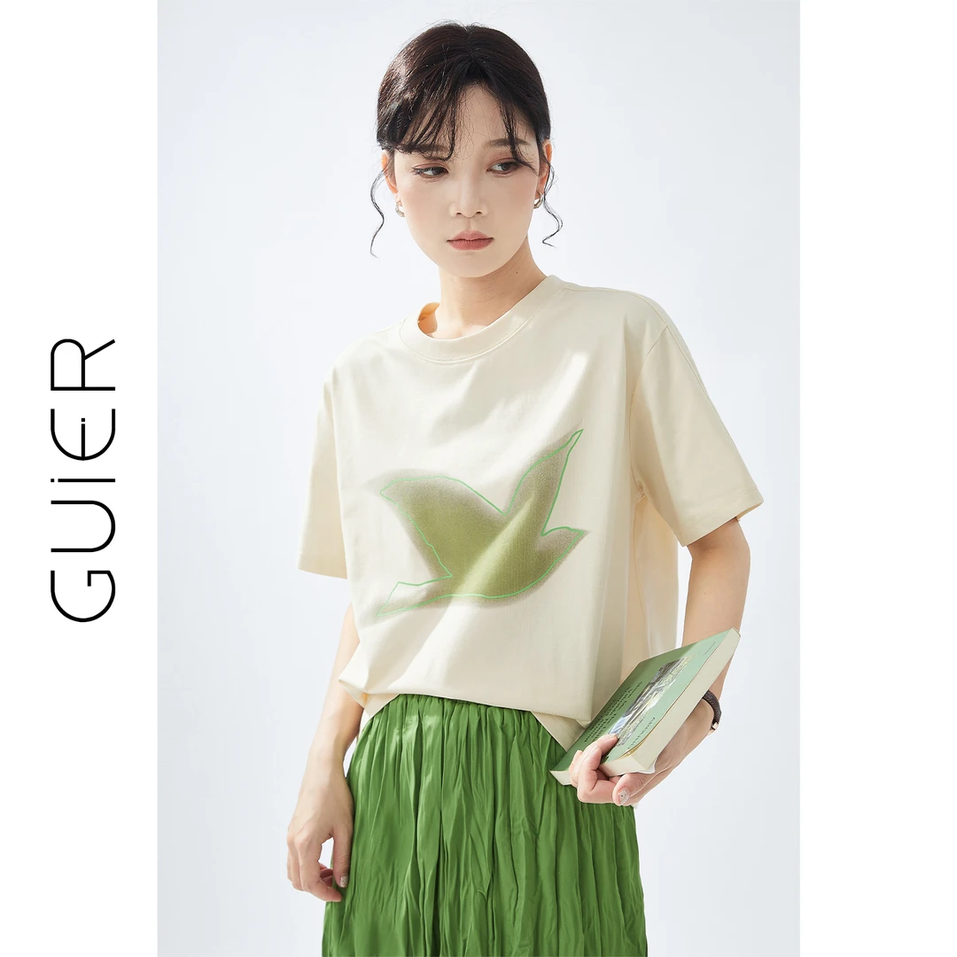 「GUIER」圆领印花短袖T恤女2024新款夏季设计感百搭休闲宽松上衣
