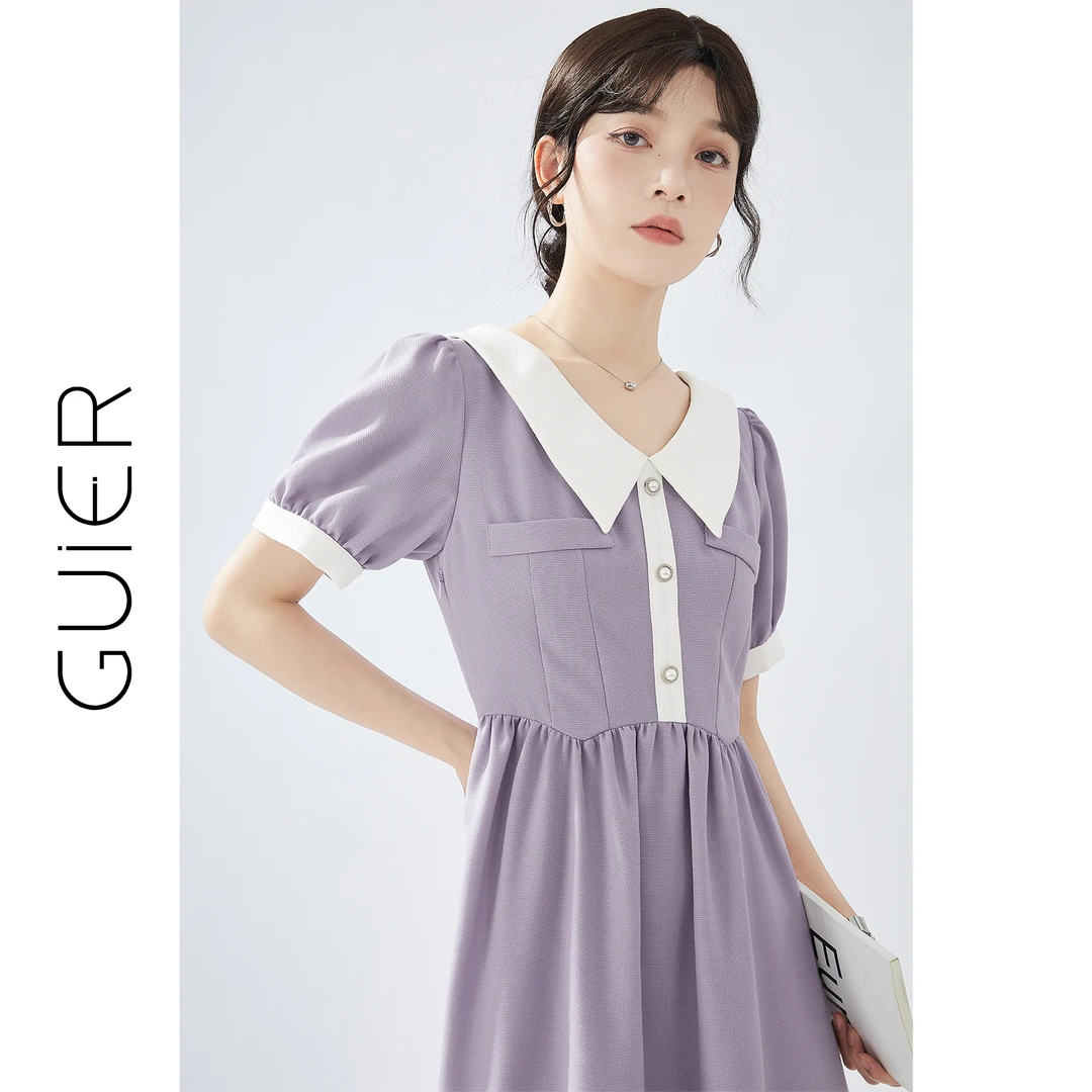 GUIER/桂儿撞色收腰连衣裙2025新款设计感小众法式气质裙子DS0005