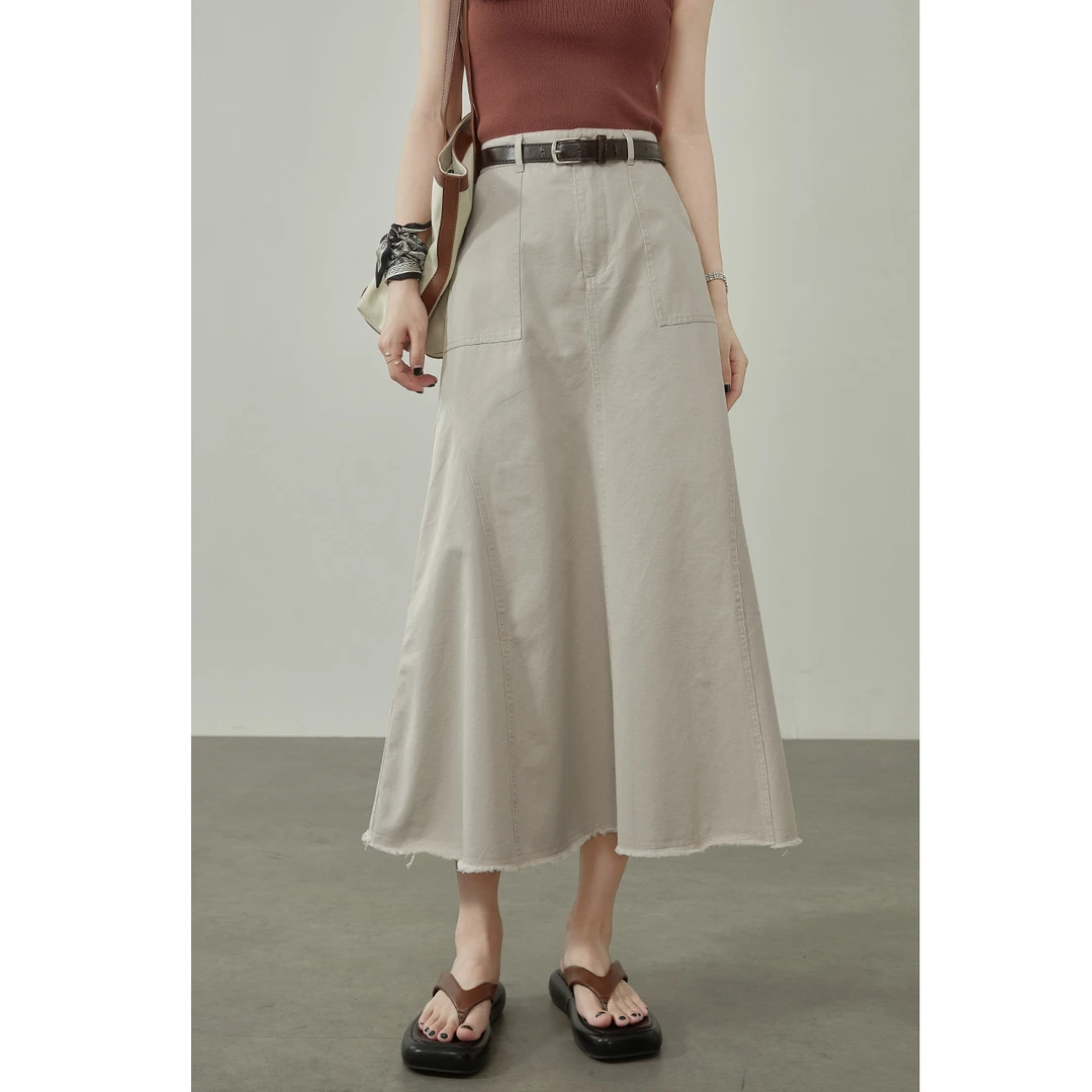 【GUIER】2025夏季凉感高腰毛边牛仔半身裙透气百搭显瘦A字裙23317