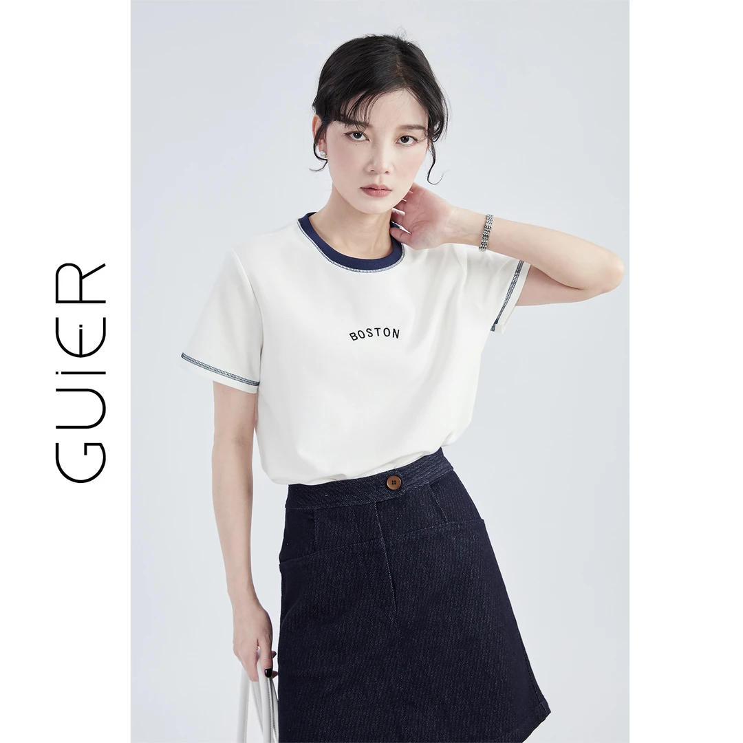 GUIER/桂儿字母印花短袖t恤女夏宽松显瘦百搭圆领撞色上衣G0593