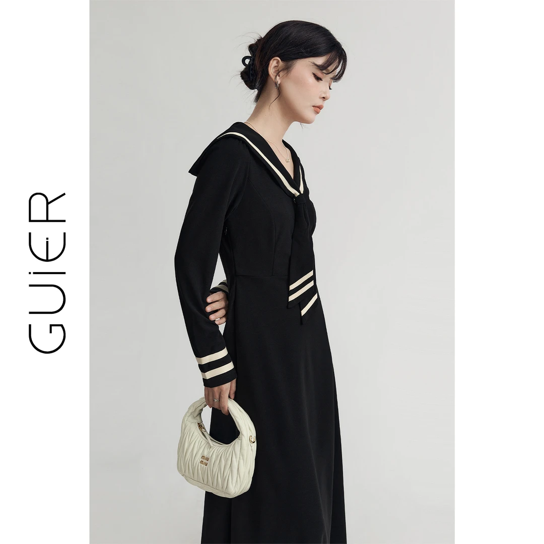 「GUIER」海军领连衣裙长袖2024新款复古学院风收腰显瘦长裙G4477