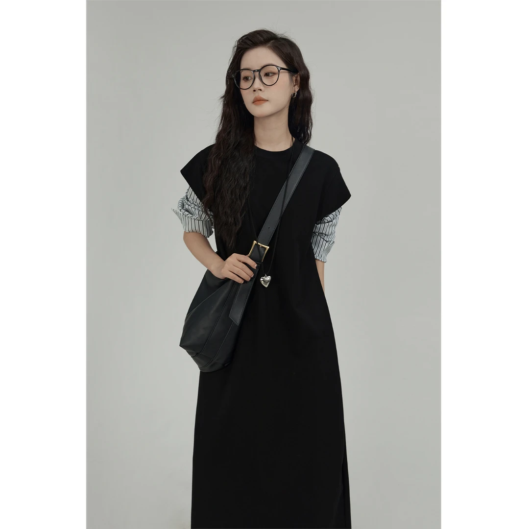 「GUIER」假两件连衣裙2024年秋季小众设计感黑色圆领长裙XH26229