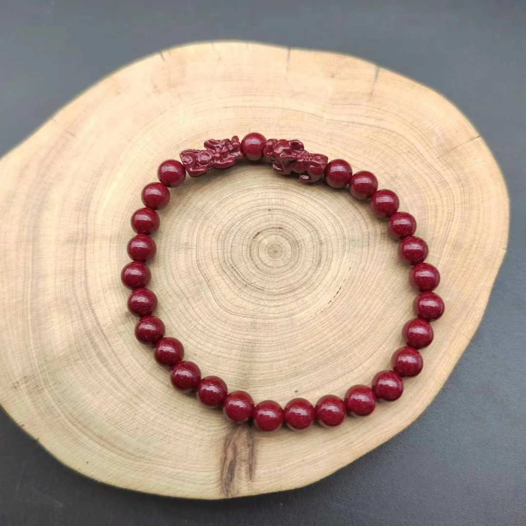 含辰砂工艺品GA022-紫金砂6mm手工雕刻小号双貔貅带隔珠朱砂手串