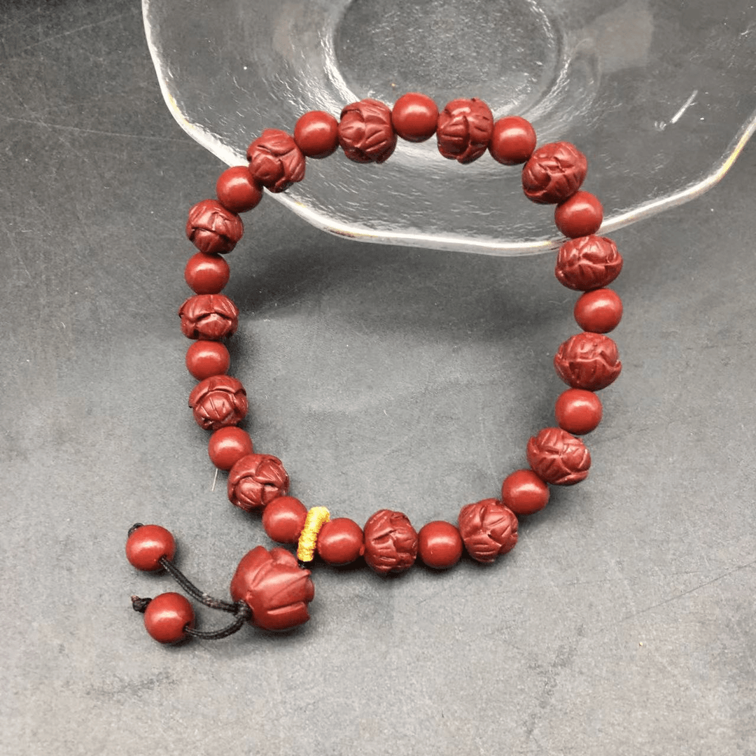 含辰砂工艺品ZA160-朱砂紫金砂雕刻莲花6mm隔珠带提溜单圈手串