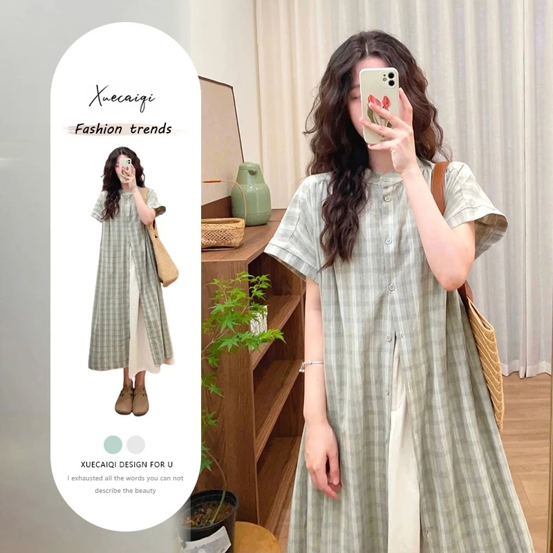 绿色格纹连衣裙女夏2024新款温柔复古衬衫微胖宽松小个子气质长裙