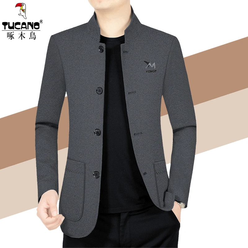 啄木鸟高档男士外套2023春秋款中年休闲夹克毛呢立领中山男装上衣