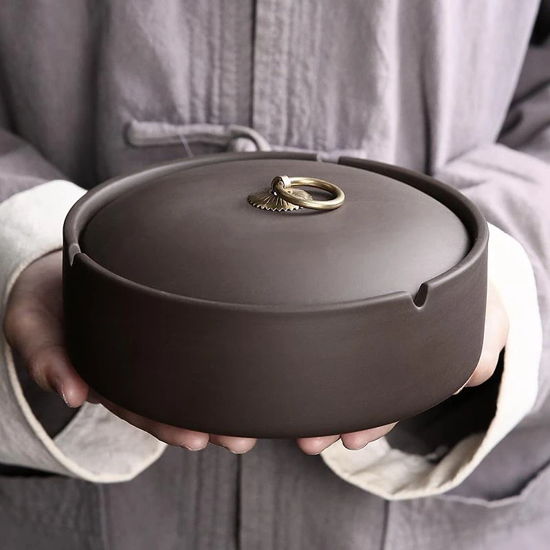 烟灰缸紫砂复古大号可定制创意个性简约家用客厅茶桌带盖防风手工