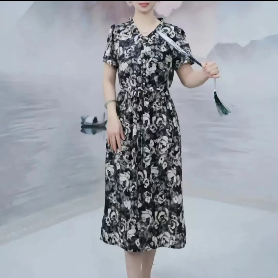 L023  夏季新款气质显瘦百搭连衣裙宽松时尚休闲短袖长裙