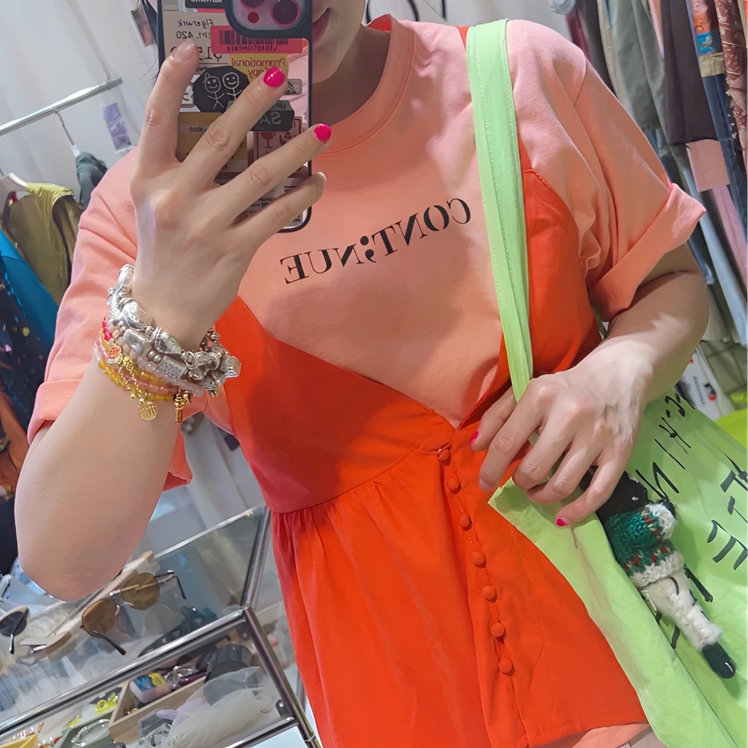 假两件T恤显瘦时尚休闲夏长款印花拼接气质百搭宽松潮流连体收腰