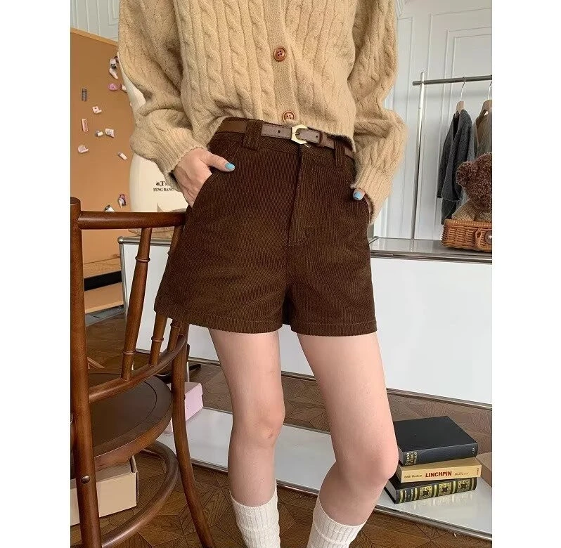 黑色灯芯绒短裤女日系复古高腰大码胖mm宽松显瘦休闲阔腿裤外穿