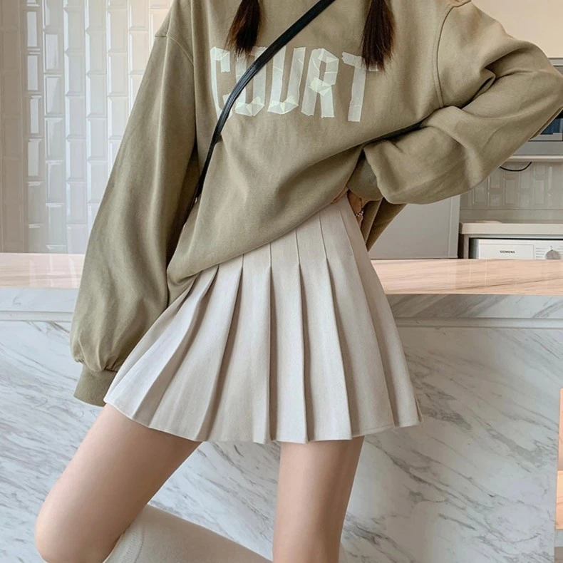 加长款百褶裙女高腰显瘦毛呢秋冬半身裙防走光杏色jk短裙a字裤裙