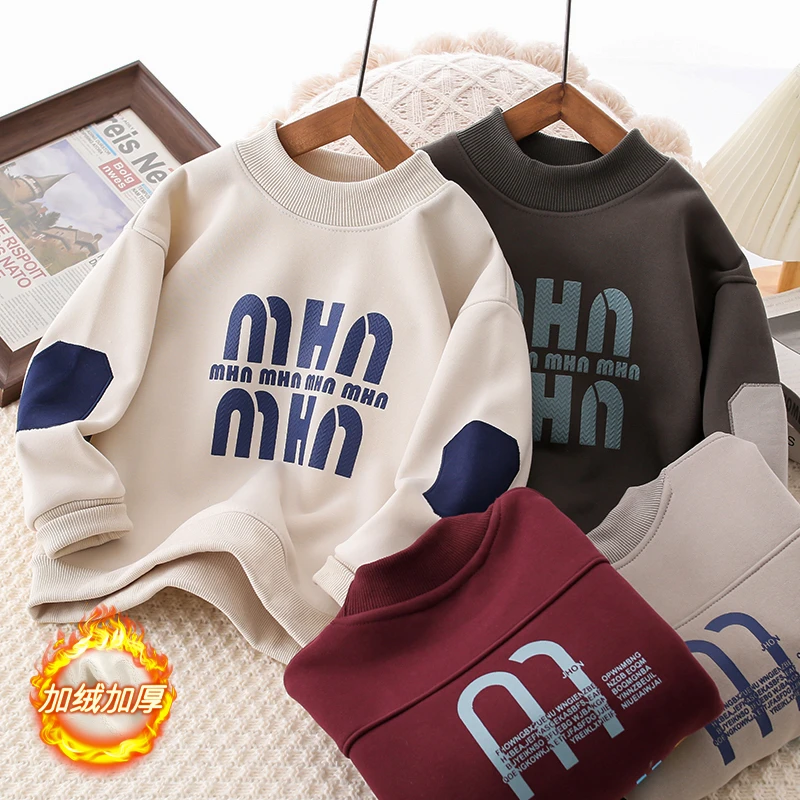 【奥粒绒】加绒加厚中大童秋冬洋气潮流韩版百搭半高领套头卫衣yy