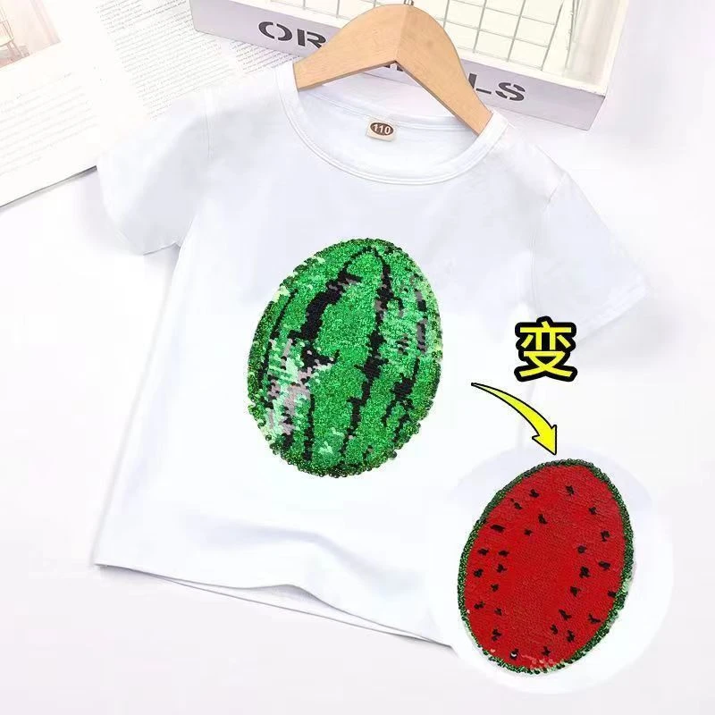 AZ16儿童纯棉亮片西瓜短袖爆款男女童可变色夏季草莓T恤卡通亲子