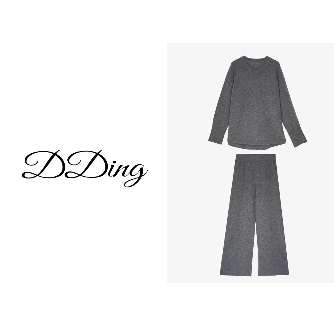【DDing】“金楼”100%全羊毛套装纯色V领上衣(450g)百搭羊毛裤(740g)