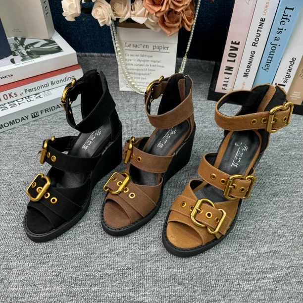 368-1新款女鞋高跟坡跟复古百搭凉鞋时尚舒适夏季女士