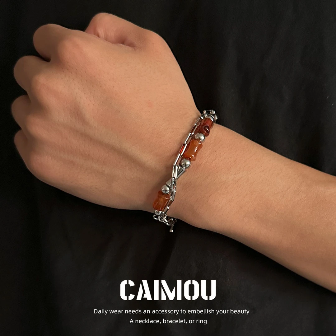 钛钢手链 棕色天然拼接手链ins手工气质百搭国风小众简约中式古典