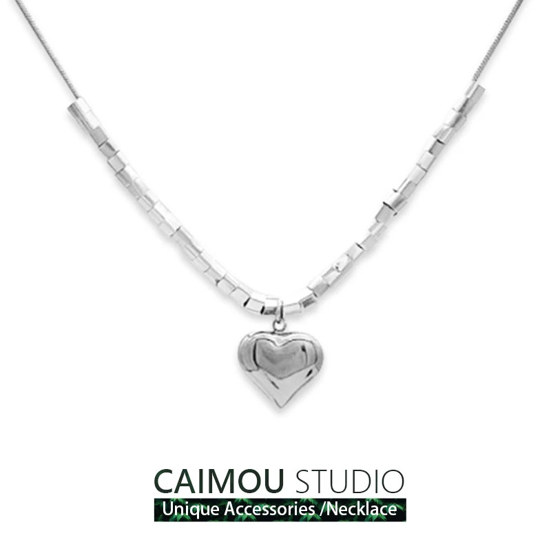 钛钢项链 爱心小方格项链锁骨链吊坠甜美链子坠链气质拼接时尚金