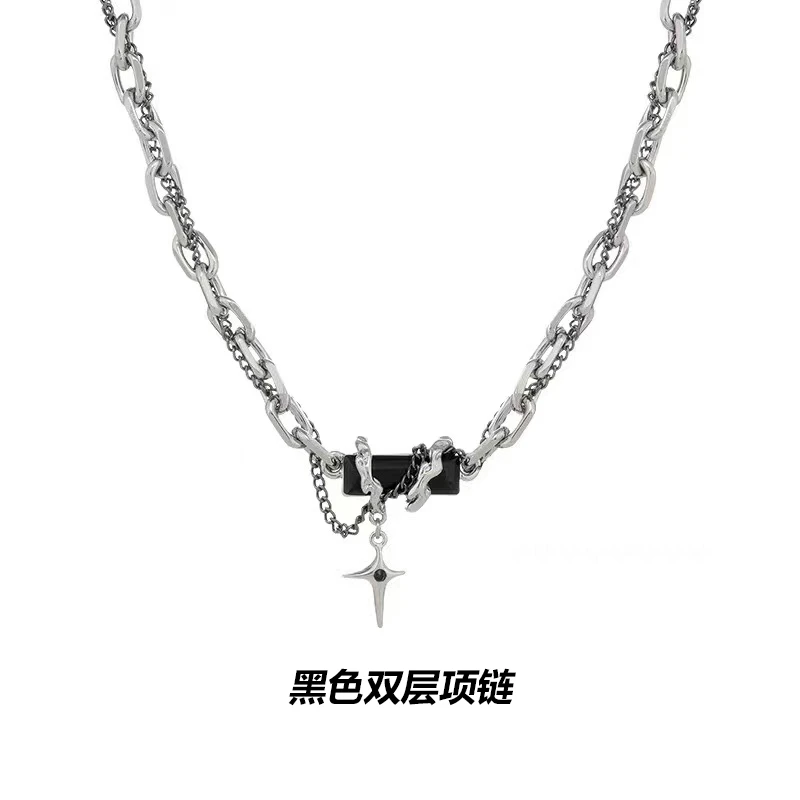 钛钢吊坠 黑色双层钛钢项链男潮嘻哈ins小众高级感冷淡风锁骨链