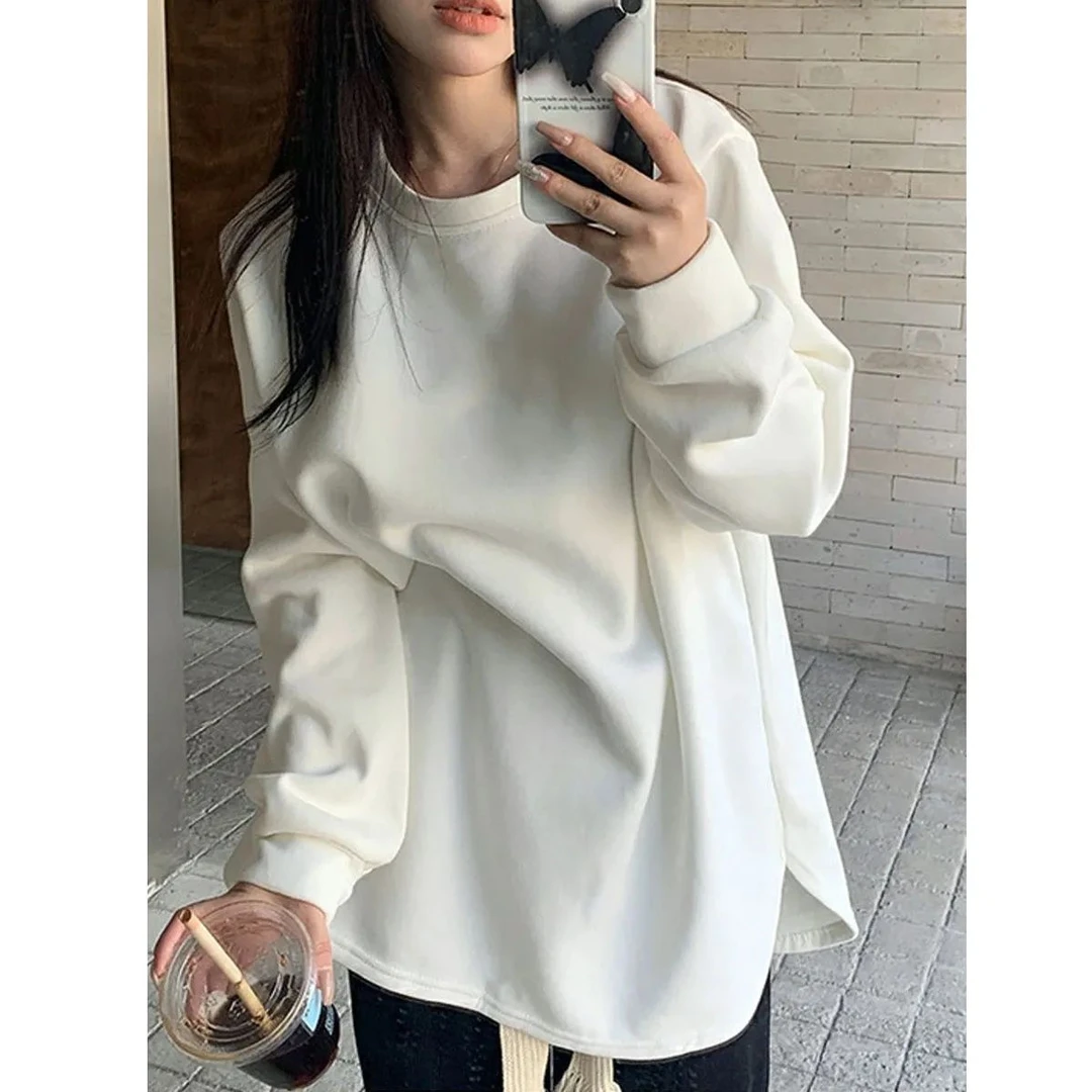 简约百搭小个子大白t恤女长袖打底内搭磨毛打底衫女秋冬新款上衣