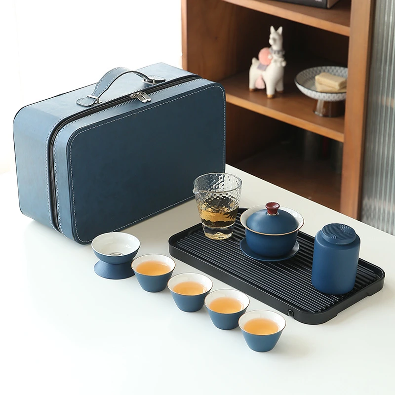 旅行功夫茶具套装户外便携粗陶泡茶盖碗陶瓷随身商务活动伴手礼品