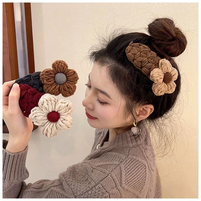 秋冬毛线咖系花朵发夹女后脑勺刘海边夹发卡2024网红爆款发饰头饰